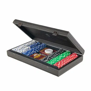 Open poker case viewed from above, rows of coloured chips and cards