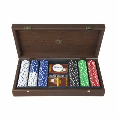 Poker Set – Dark Walnut Wood Case with Brown Faux Leather Lid