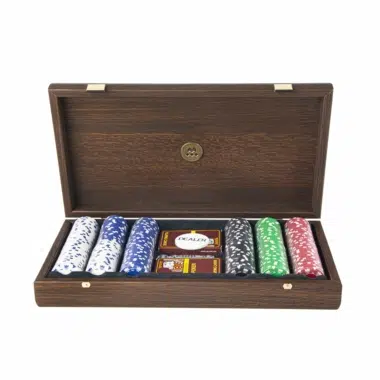 Poker box open showing chips, cards and dice stored inside