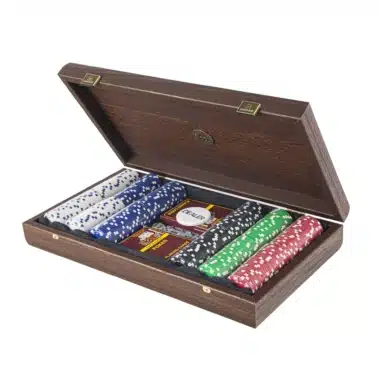 Poker box half open, overall view of the burl lid and its contents