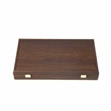 Closed dark walnut wood case, top view showing the wood grain