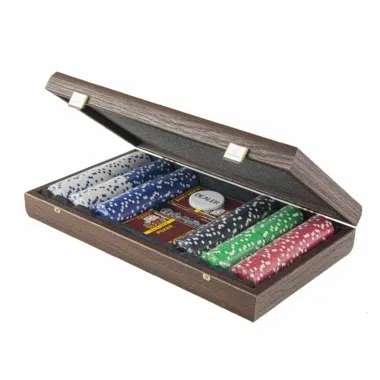 Open case at an angle with rows of coloured chips and playing cards