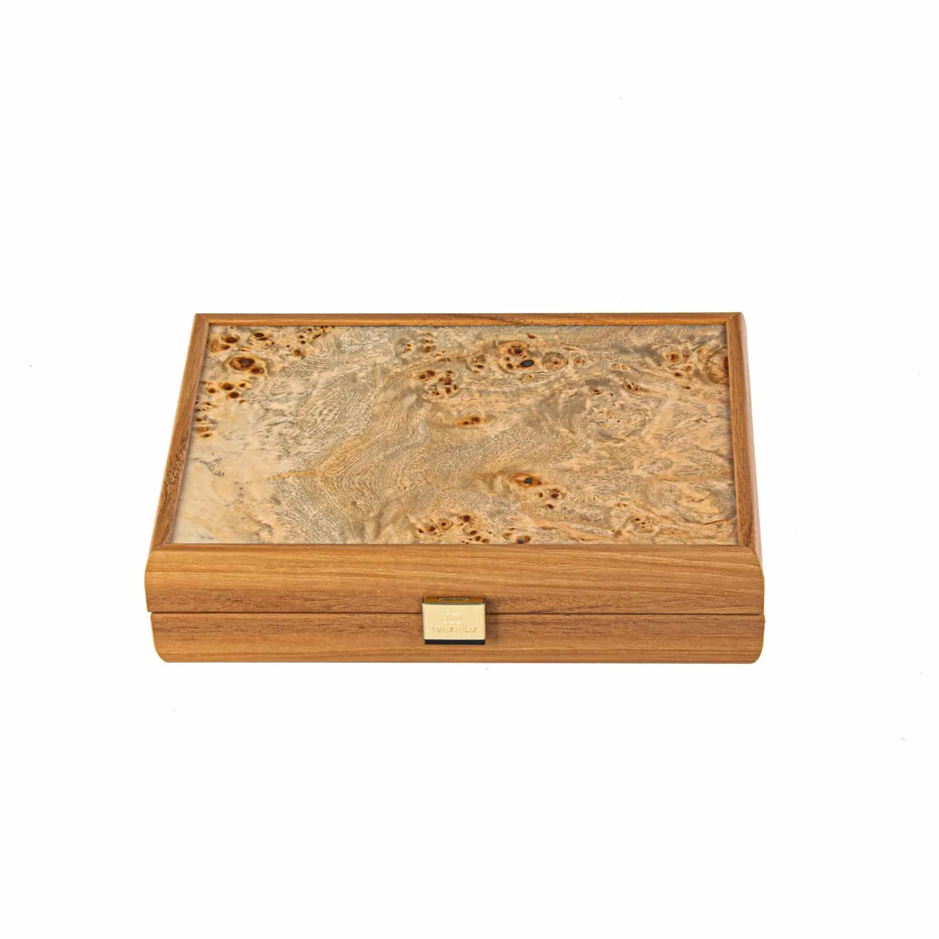 Closed burr wood box with gold plaque and marquetry pattern on the lid