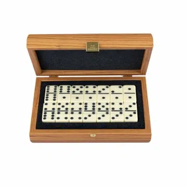 Open box showing ivory-coloured dominoes lined up on black felt