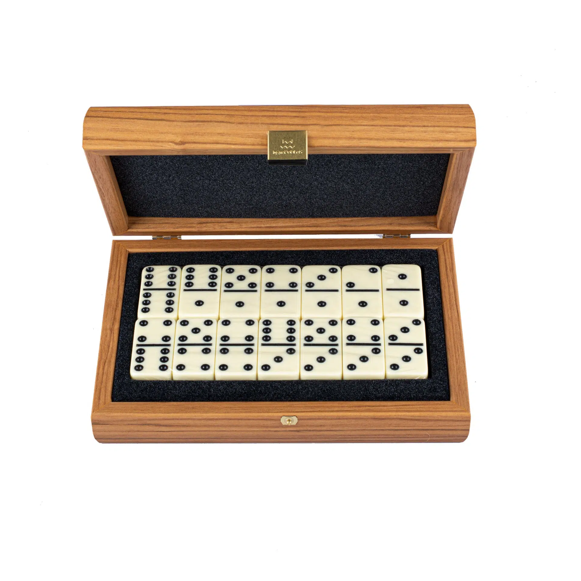 Open box showing ivory-coloured dominoes lined up on black felt