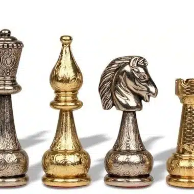 Alternative view of Large Staunton Chess Set in Metal with Antique World Map Faux Leather Chess Board