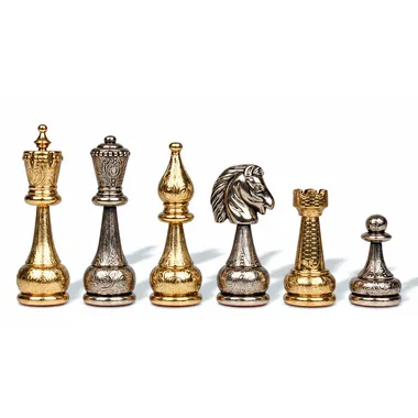 Detail of gold-toned Staunton pieces: queen, bishop, knight and rook