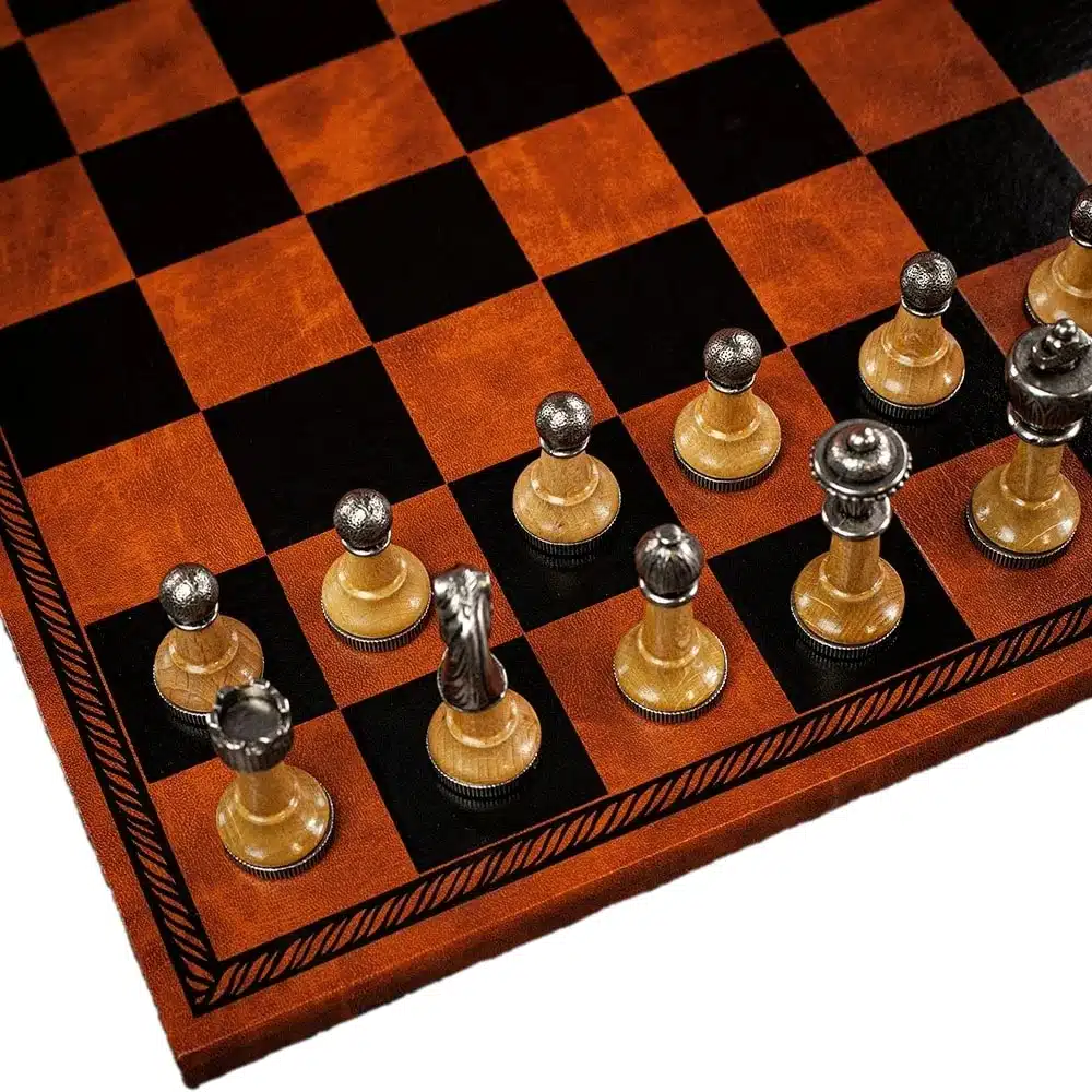 Metal and Wood Staunton Chess Set with Brown Faux Leather Chess Board - Image 5