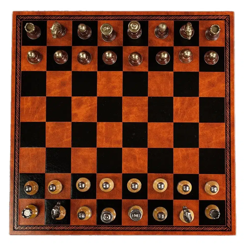 Metal and Wood Staunton Chess Set with Brown Faux Leather Chess Board - Image 4