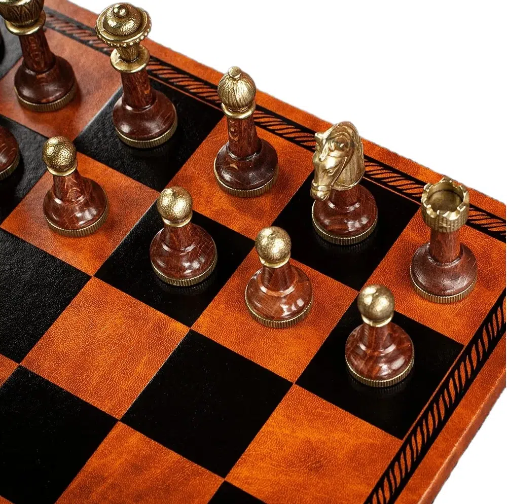Metal and Wood Staunton Chess Set with Brown Faux Leather Chess Board - Image 6