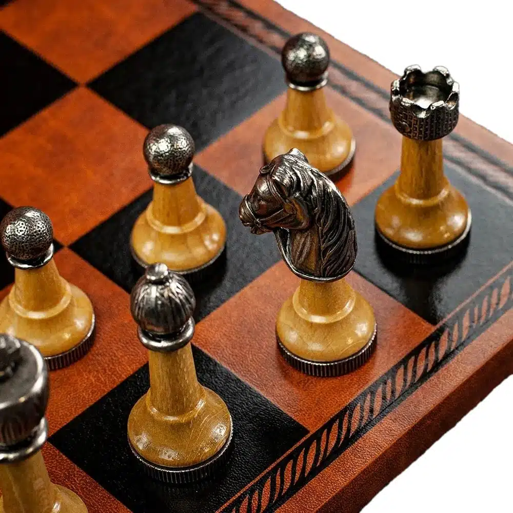 Metal and Wood Staunton Chess Set with Brown Faux Leather Chess Board - Image 7