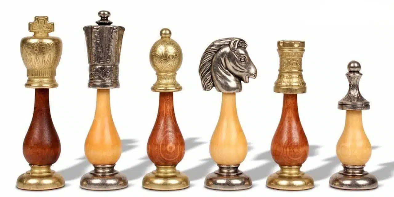 Arabesque Wood and Metal Chess Set with Faux Leather Chess Board - Image 4