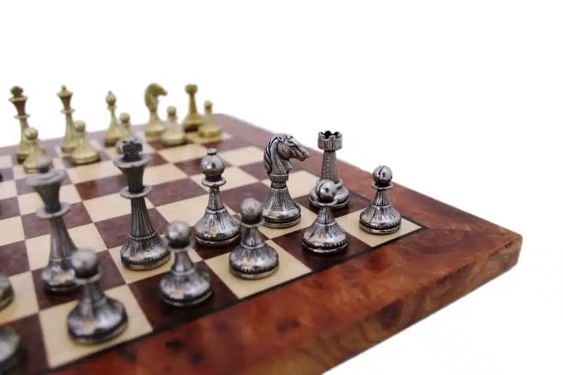 Small Cute Flower Chess Set - Briar and Elm Wood Chess Board and Metal Chess Pieces - Image 2