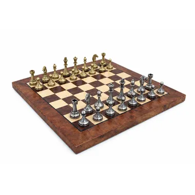 Complete Mignon Flower chess set on a burr wood and elm chessboard