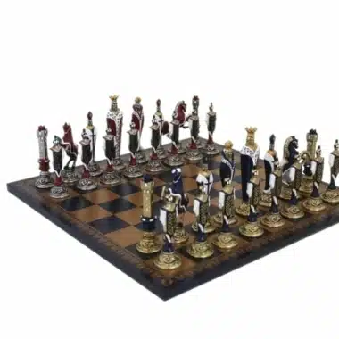 Renaissance Chess Set in Hand-Painted Metal with Gold/Blue Faux Leather Chess Board