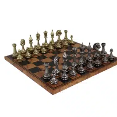 Large Staunton Chess Set in Metal with Antique World Map Faux Leather Chess Board