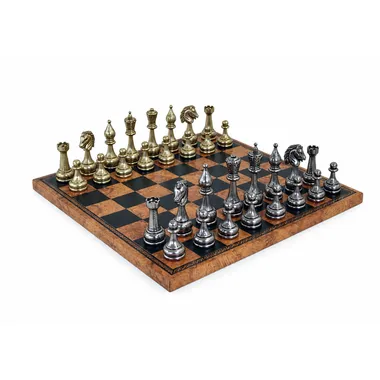 Complete metal Staunton chess set on a faux-leather antique world map chessboard