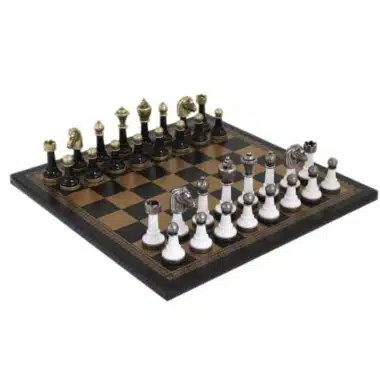Staunton Chess Set in Black and White Lacquered Wood with Gold and Black Faux Leather Chessboard