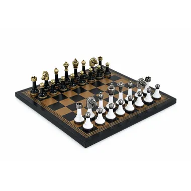 Complete Staunton chess set on a gold and black faux leather chessboard