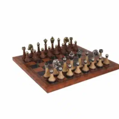 Metal and Wood Staunton Chess Set with Brown Faux Leather Chess Board