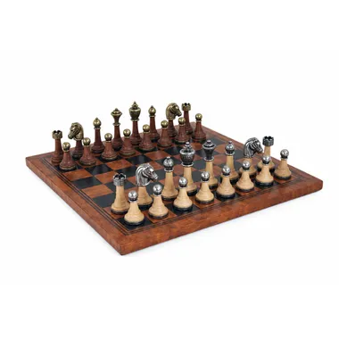 Complete Staunton metal and wood chess set on a brown faux leather board