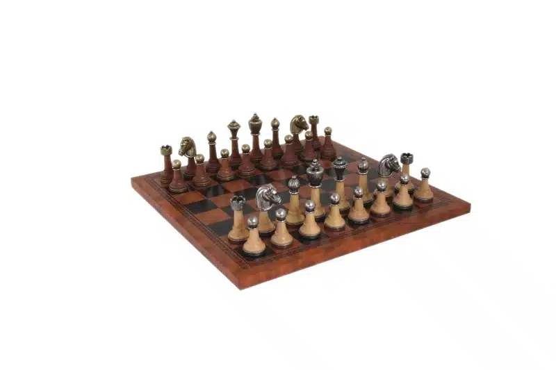 Metal and Wood Staunton Chess Set with Brown Faux Leather Chess Board