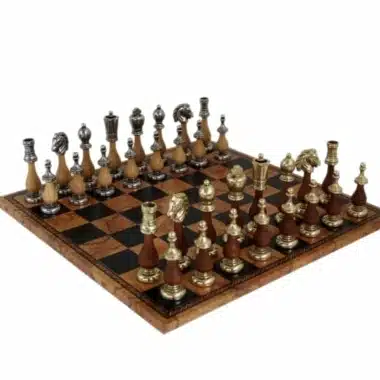 Arabesque Wood and Metal Chess Set with Faux Leather Chess Board