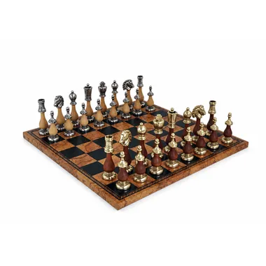 Complete Arabesque chess set on a brown and black faux leather chessboard