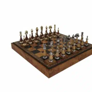 Arabesque Chess Set - Faux Leather Chess & Draughts Board with Storage Compartment & Metal and Wood Chess Pieces