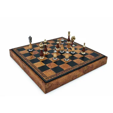 Arabesque chess set, close-up view of metal and wood pieces on the board