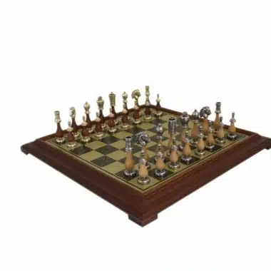 Arabesque Chess Set - Brass-Effect Chess Board with Wooden Frame & Metal and Wood Chess Pieces