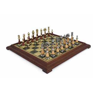 Complete Arabesque chess set on brass-effect board with wooden frame