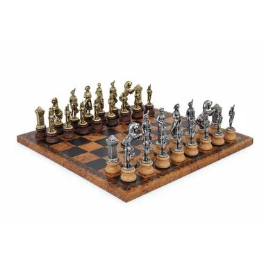 Complete Napoleon chess set on an old world map pattern chessboard