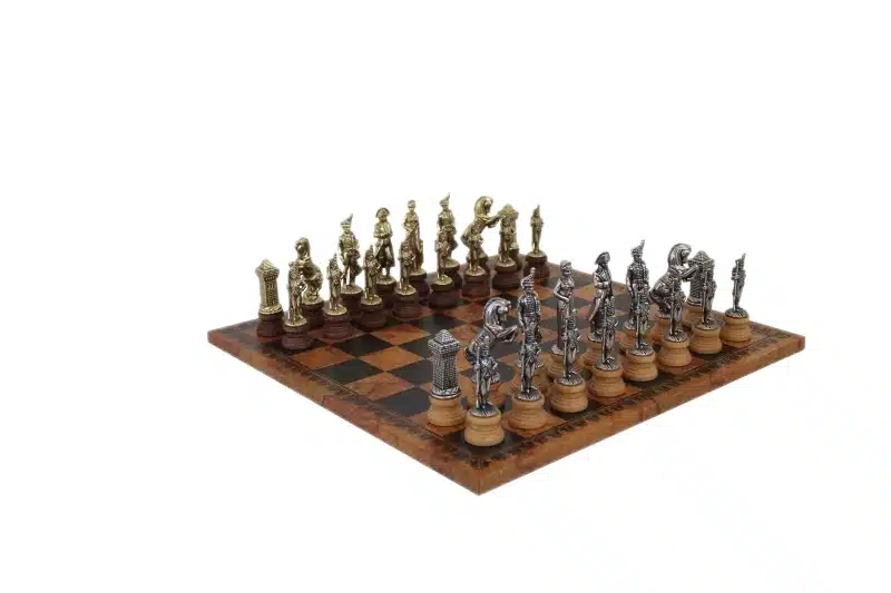 Napoleon Wood and Metal Chess Set with Old World Map Faux Leather Chess Board