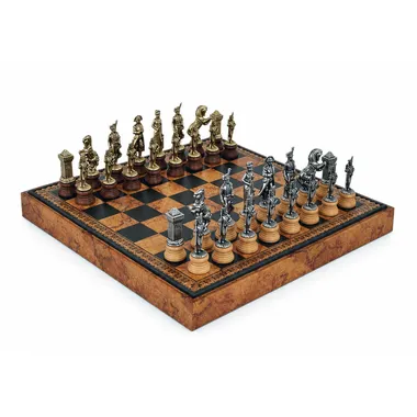 Complete Napoléon chess set with brown and black faux-leather chess board