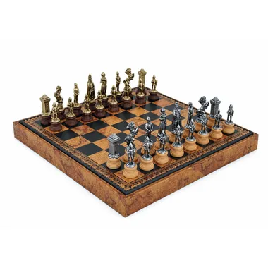 Complete Mary Stuart chess set with map-patterned faux leather board