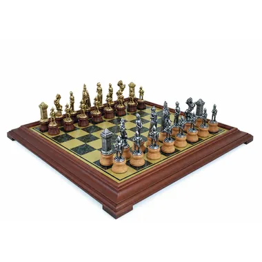 Mary Stuart complete chess set on a wooden-framed board