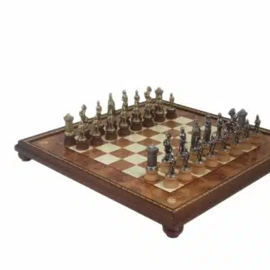 Mary Stuart Chess Set - Chess Board on Stand in Elm and Heather Wood & Metal and Wood Chess Pieces