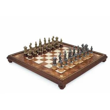 Complete Mary Stuart chess set, metal pieces on marquetry wooden board
