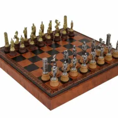 Romans vs Barbarian Chess Set - Chess Board, Draughts and Backgammon in Brown/Black Faux Leather with Storage Compartment & Metal and Wood Chess Pieces
