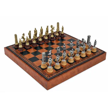Romans vs Barbarians chess set on brown and black faux leather chessboard