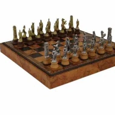 Romans vs Barbarians Chess Set - Chessboard, Draughts and Backgammon Board in Faux Leather with Storage Compartment & Metal and Wood Chess Pieces