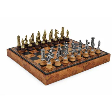 Romans vs Barbarians chess set on marbled faux-leather chess board