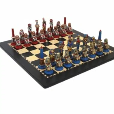 Egyptian Chess Set in Hand-Painted Metal with Wooden Chess Board