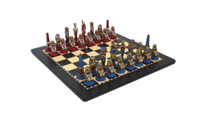 Egyptian Chess Set in Hand-Painted Metal with Wooden Chess Board