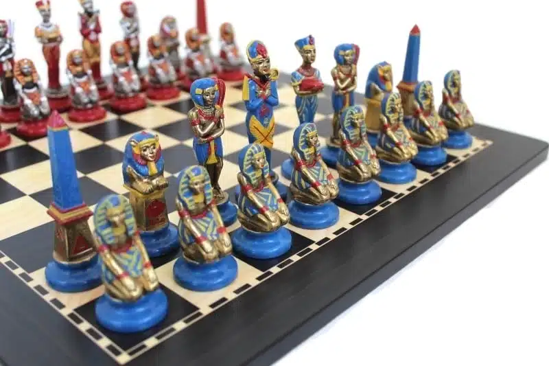 Egyptian Chess Set in Hand-Painted Metal with Wooden Chess Board - Image 2