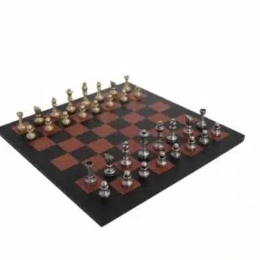 Small Modern Handcrafted Brass Chess Set & Genuine Leather Chess Board