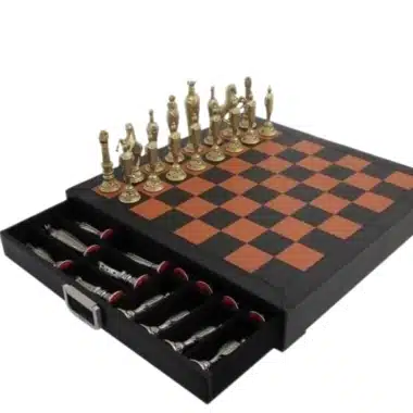 Florentine Renaissance Metal Chess Set & Genuine Leather Chess Board with Storage Drawer