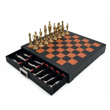 Renaissance Florentin chess set on leather chess board with storage drawer