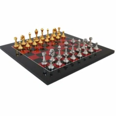 Floral Chess Set - Glossy Black and Red Briar Wood Chess Board & Gold and Silver-Plated Metal Chess Pieces